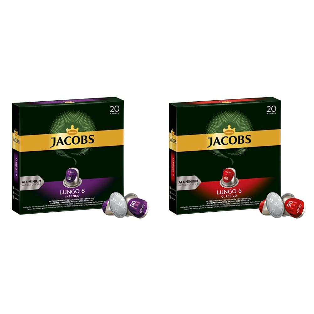 Kaffeekapseln Lungo Intenso, Intensität 8 av 12, 10 x 20 Getränke & Kaffeekapseln Lungo Classico, Intensität 6 av 12, 20 Nespresso®* kompatibel Kapseln, 10 x 20 Getränke