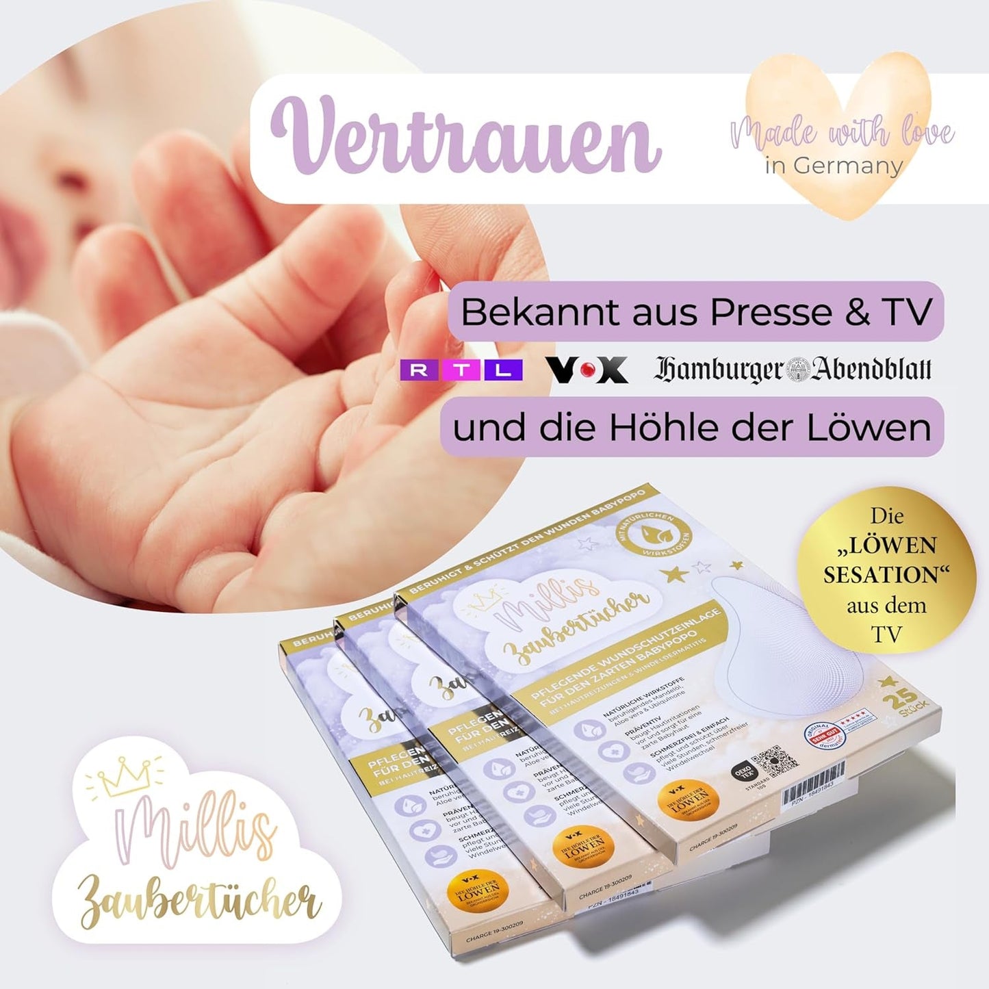 Millis Zaubertücher vid Windeldermatitis Baby, Bekannt aus "Die Höhle der Löwen", 25 Tücher (1 x 25er) mit Aloe Vera, Mandelöl & Q10 - Pflegt, Schützt & dient als Wundschutz bei gereizter Haut