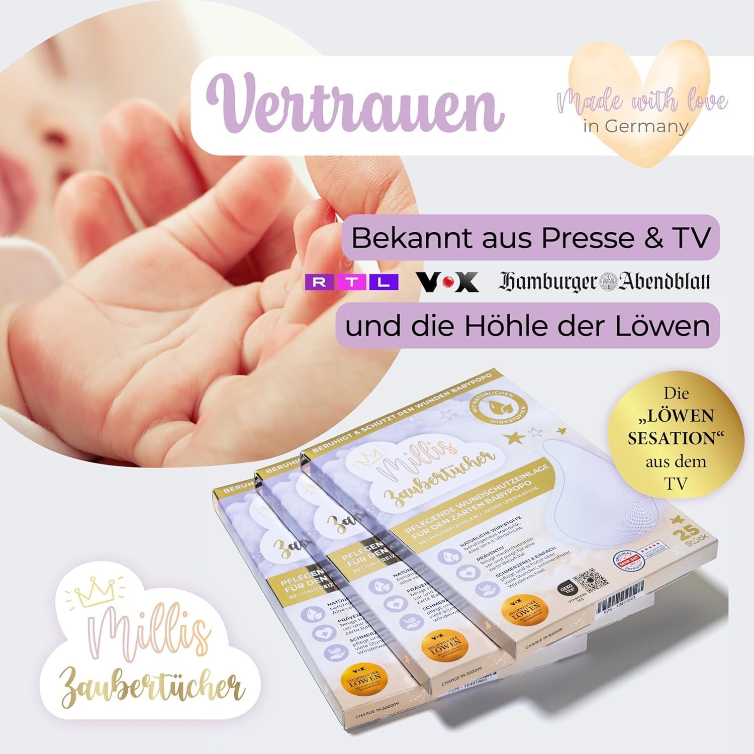 Millis Zaubertücher vid Windeldermatitis Baby, Bekannt aus "Die Höhle der Löwen", 25 Tücher (1 x 25er) mit Aloe Vera, Mandelöl & Q10 - Pflegt, Schützt & dient als Wundschutz bei gereizter Haut