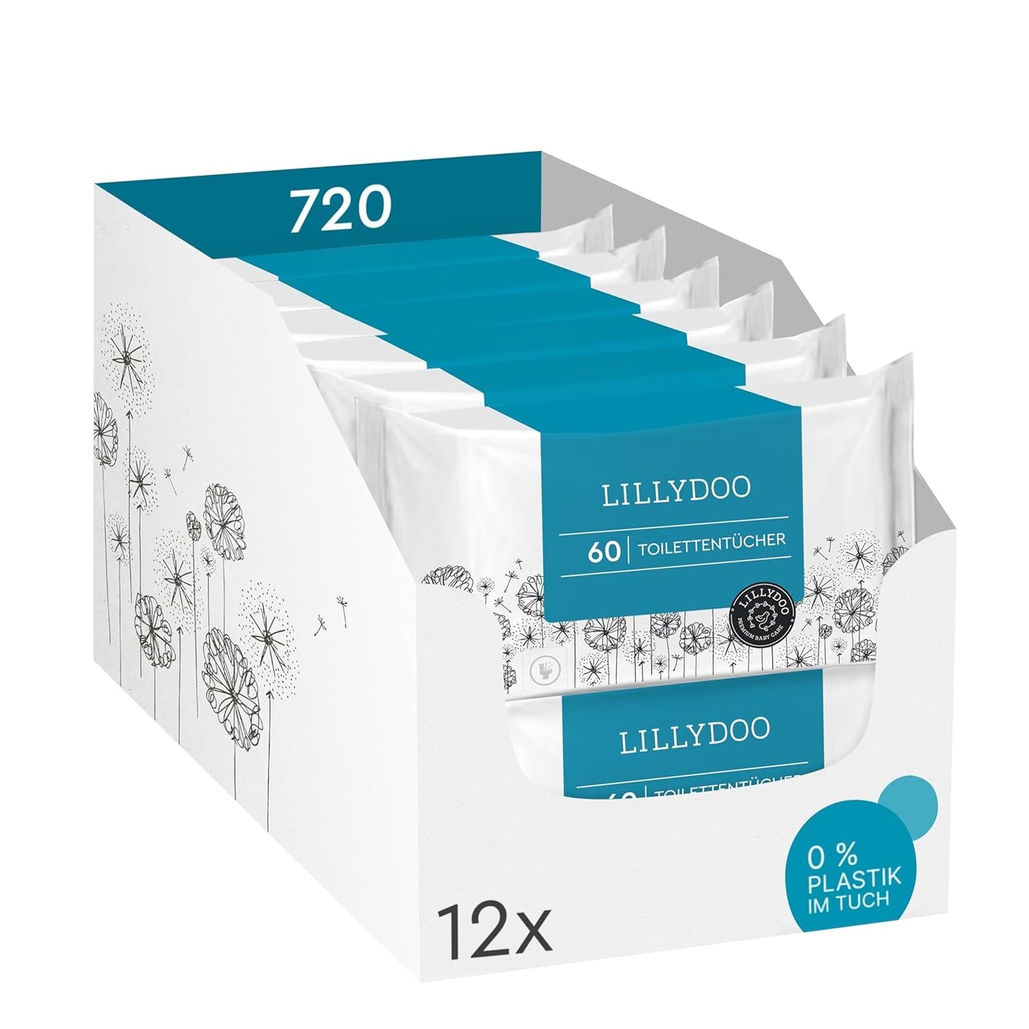 LILLYDOO Toalettvåtservetter 720 st (12 x 60) 100 % plastfria spolbara våtservetter Doftfria