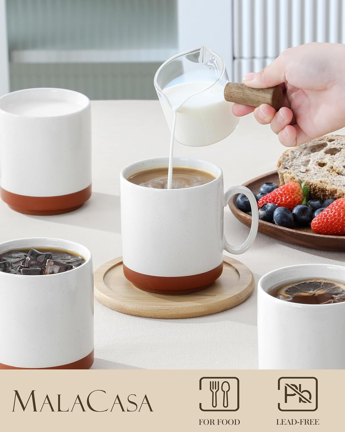 MALACASA kaffemuggset, 350ml muggset av stengods för 4 personer, moderna kaffemuggar för te, juice, latte, cappuccino, varm choklad. Tål diskmaskin och mikrovågsugn, TARA-serien, kakivit