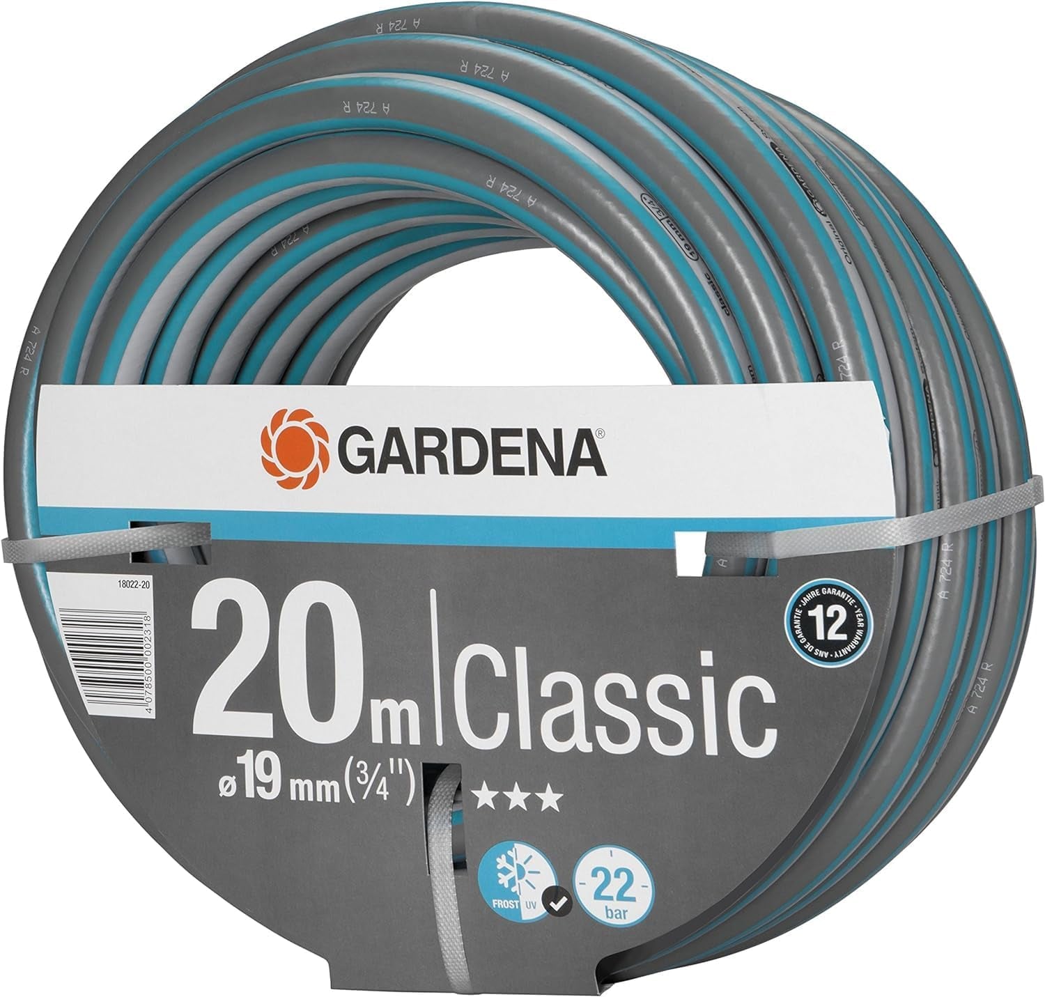 Gardena Classic Hose 19 mm (3/4 tum), 20 m: Universal trädgårdsslang av robust tyg, korsvävd, 22 bar sprängtryck, UV-beständig, inga systemkomponenter, 12 års garanti (18022-20)