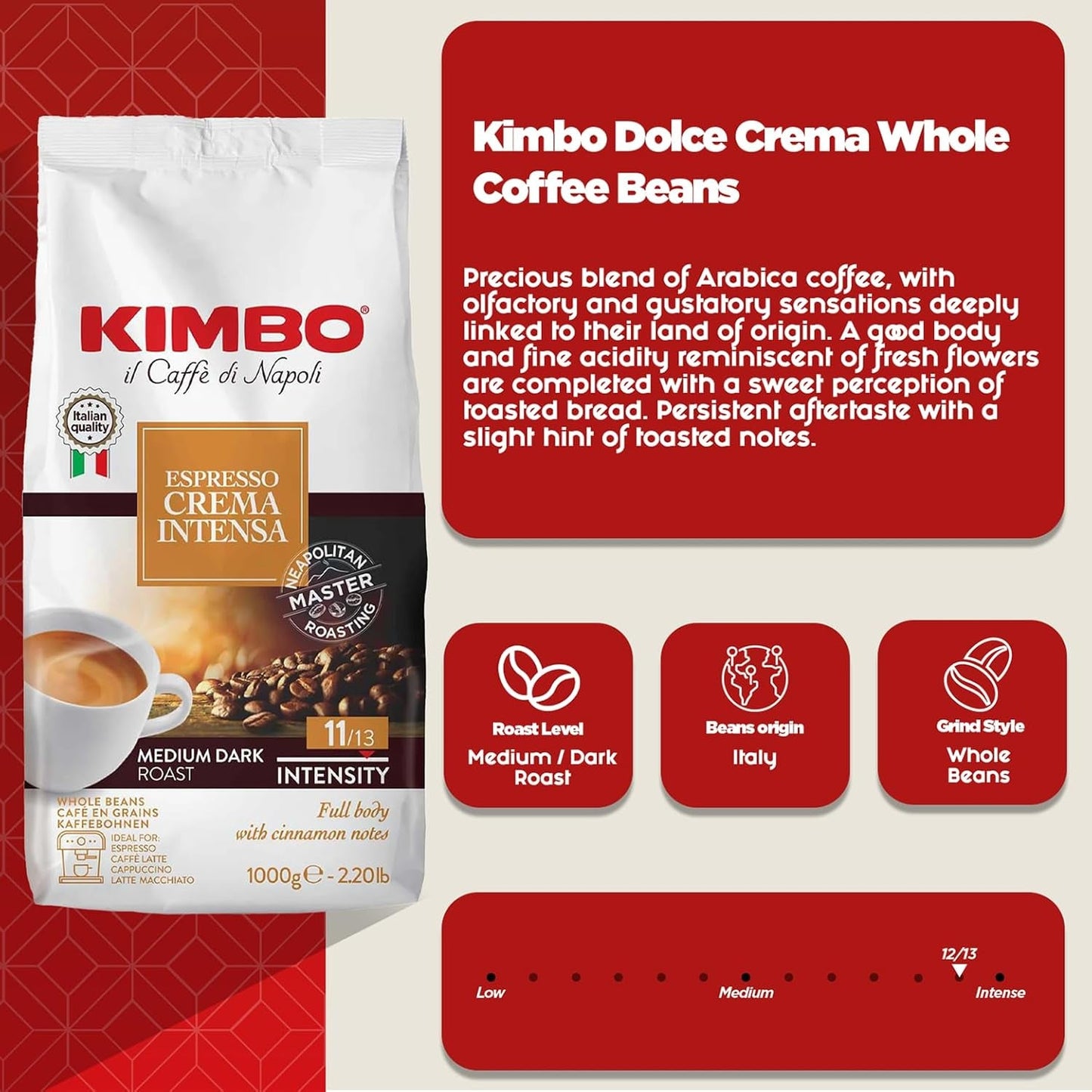 Espresso Crema Intesa, 6 kaffebönor x 1 kg, fyllig och intensiv blandning, intensitet 11/13, medelrostad, 6 förpackningar à 1 kg vardera