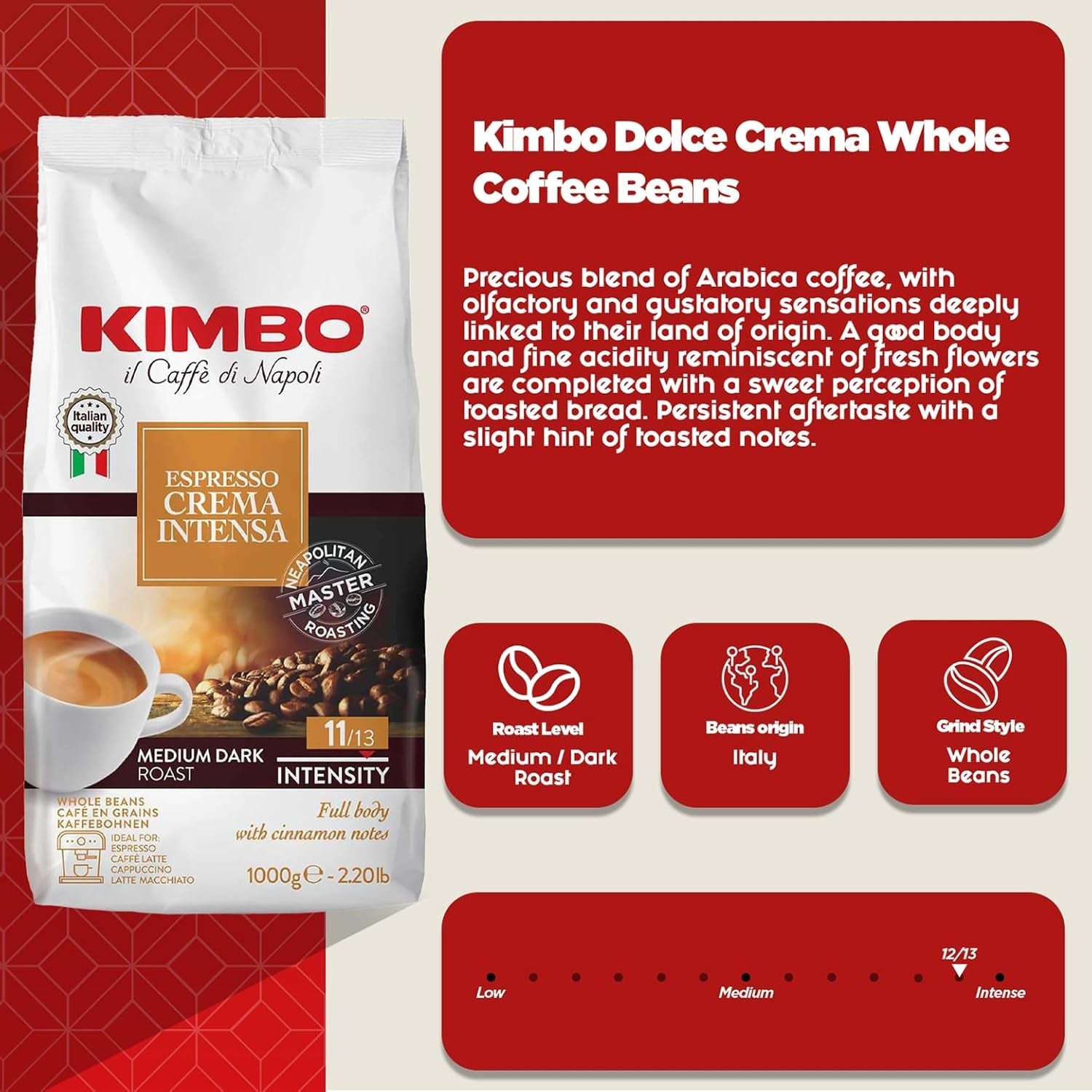 Espresso Crema Intesa, 6 kaffebönor x 1 kg, fyllig och intensiv blandning, intensitet 11/13, medelrostad, 6 förpackningar à 1 kg vardera