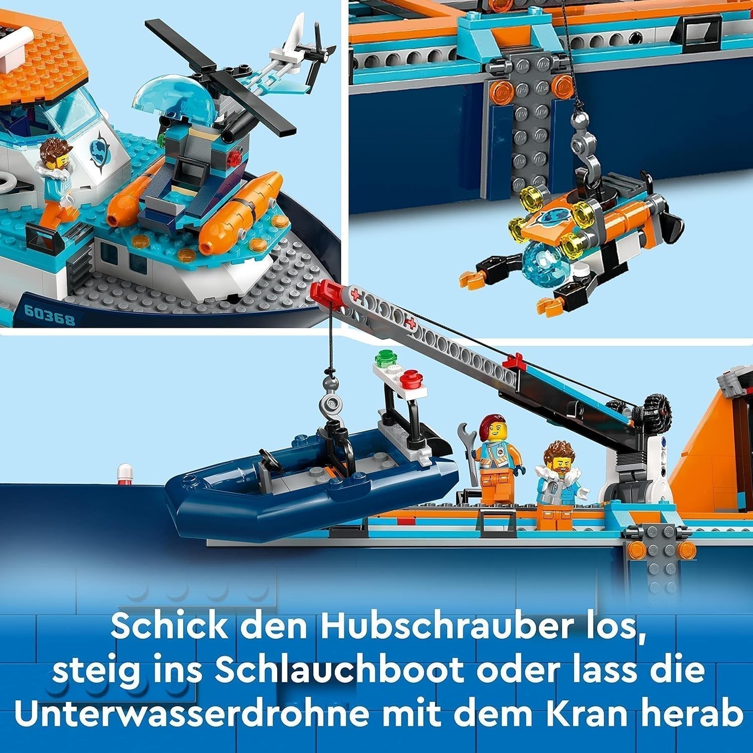 LEGO City Arctic Research Ship, stor flytande leksaksbåt med helikopter, uppblåsbar båt, Rov-ubåt, vikingavrak, 7 minifigurer och späckhuggarfigur, present till barn från 7 år och uppåt 60368 Byggset Besuche den LEGO-Store