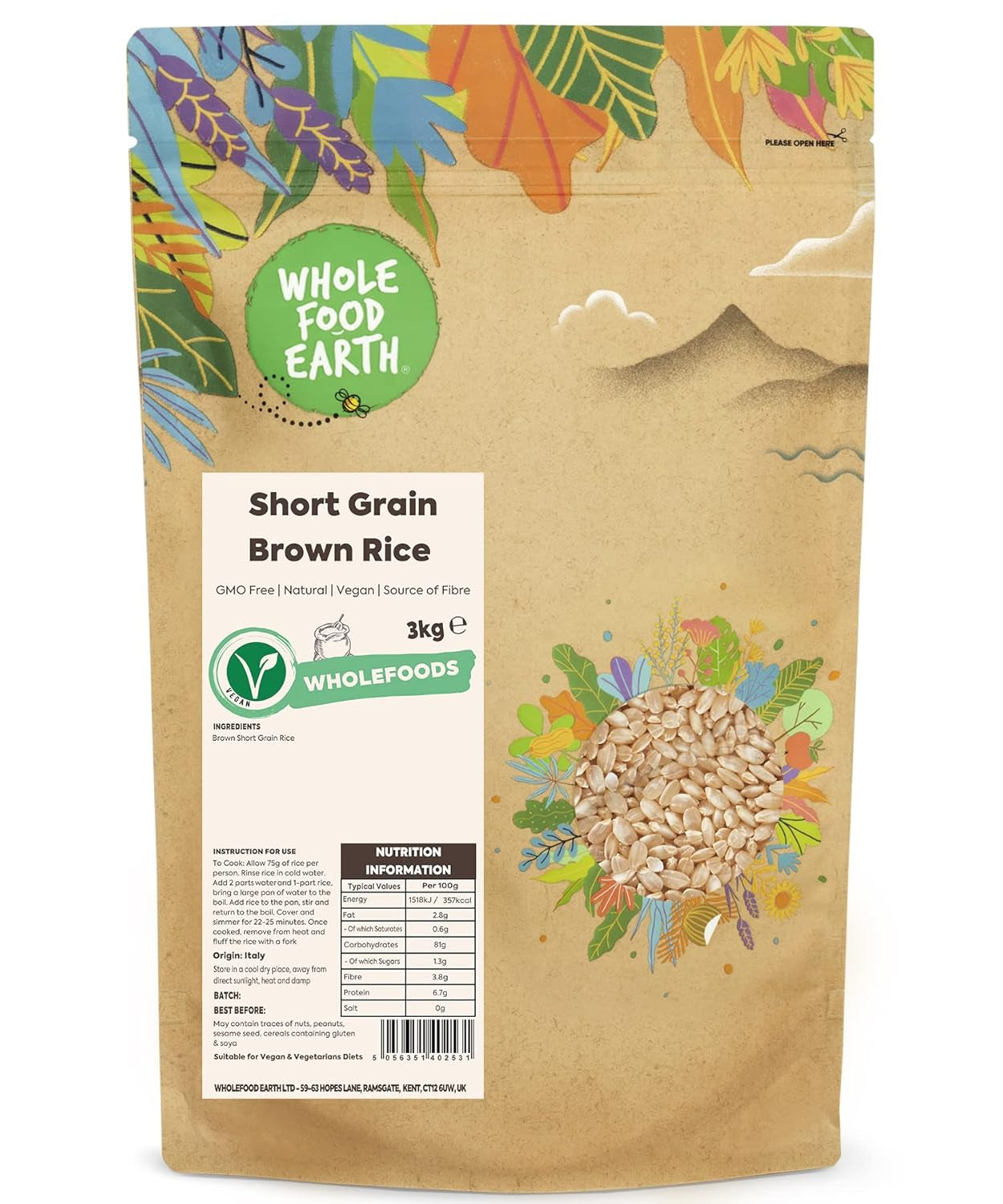 Wholefood Earth kortkornigt brunt ris - icke-GMO - naturligt - veganskt - mjölkfritt - utan tillsatt socker, 3 kg