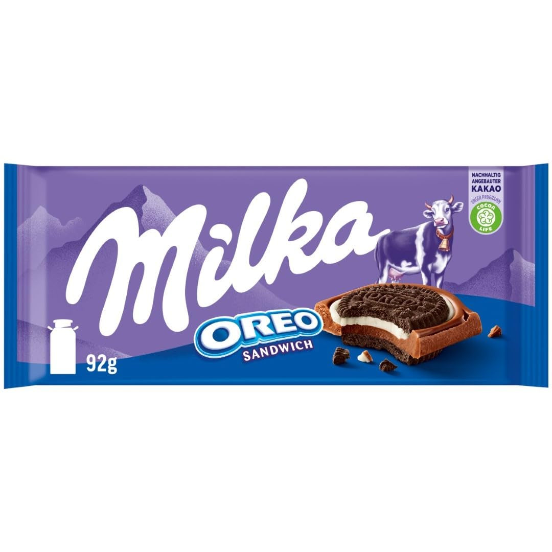 Milka Oreo Sandwich – alpin mjölkchoklad, fylld med knapriga bitar av Oreo-kakor och slät vaniljkräm – 92g