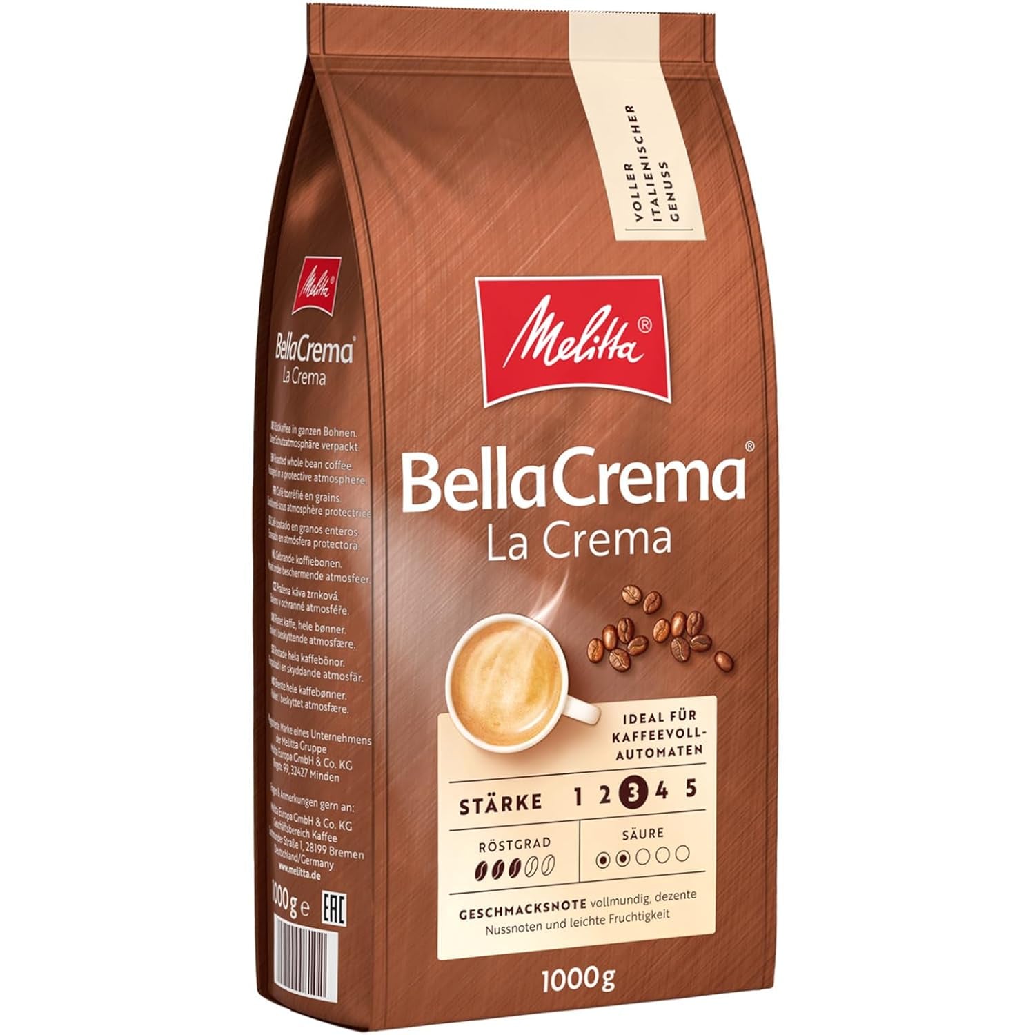 3 Melitta BellaCrema La Crema kaffebönor, medelrostade, 1 kg styck