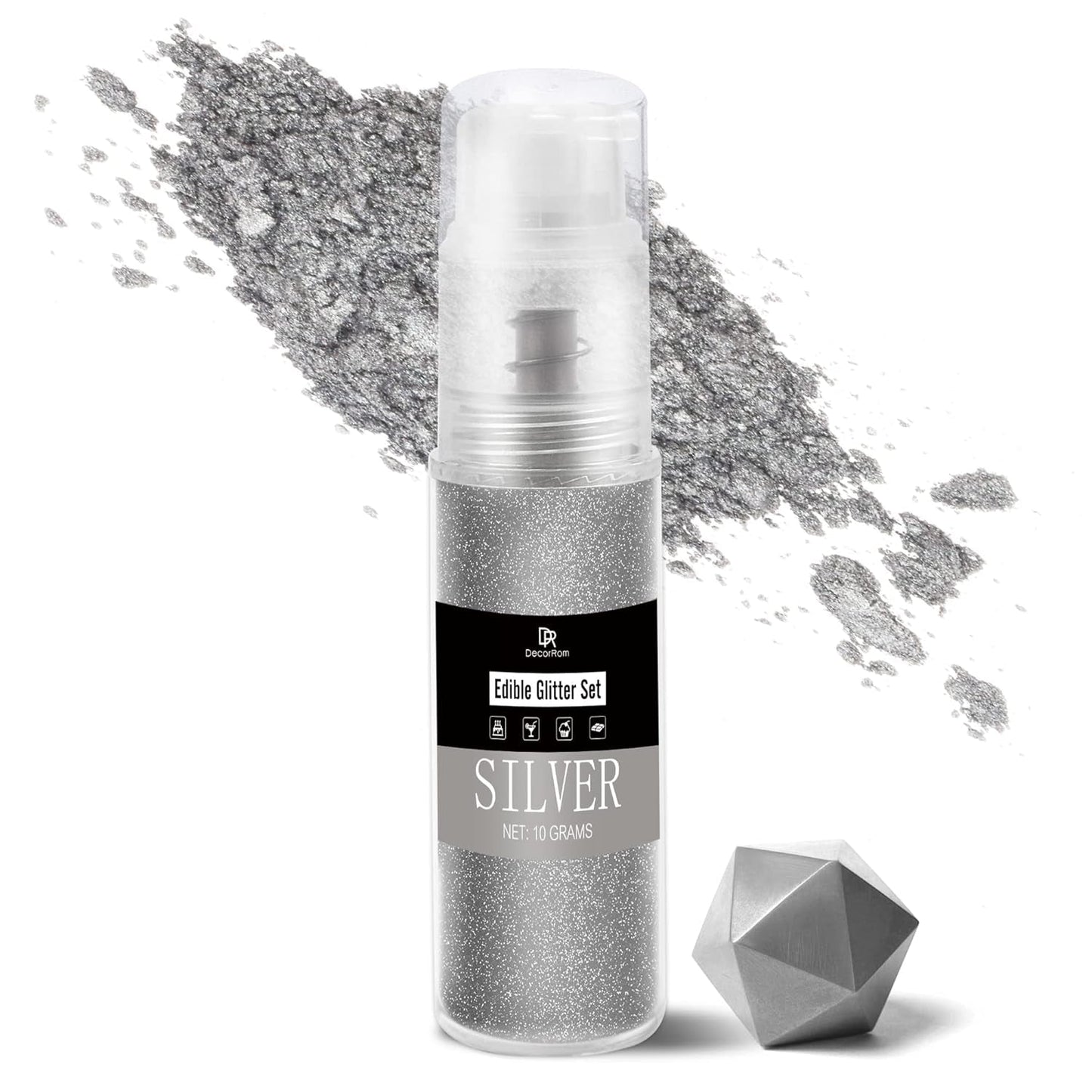 DecoRom, ätbart glitter, puder, 10 gram Glitter Naty Shop Silver