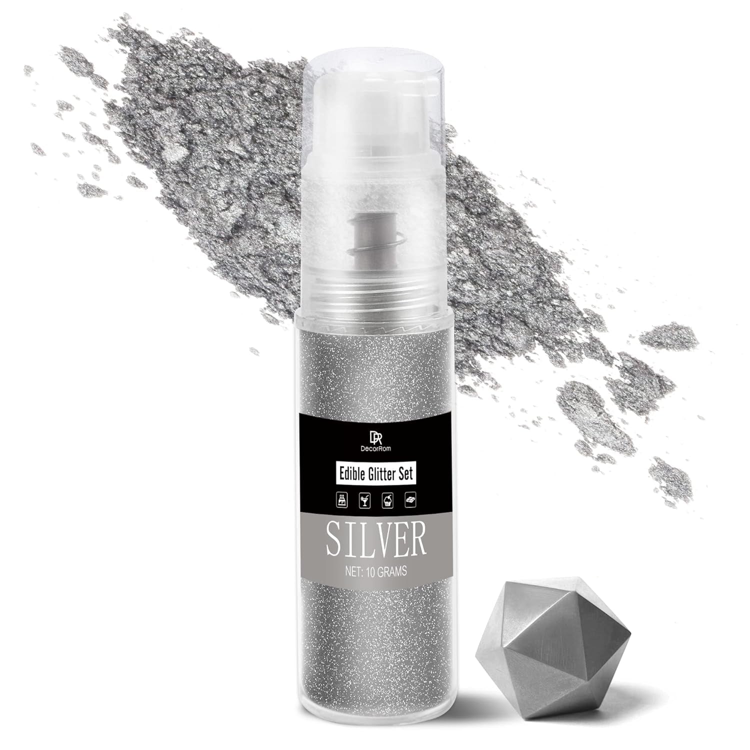 DecoRom, ätbart glitter, puder, 10 gram Glitter Naty Shop Silver