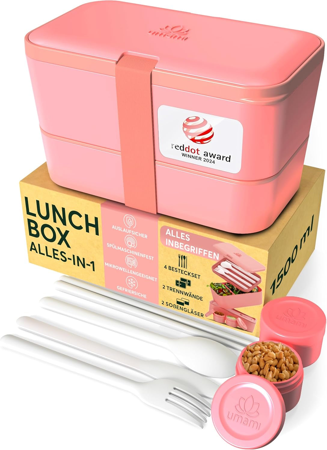 Umami Lunchbox för vuxna, läckagesäker stapelbar Bento-låda med 4 bestick och fack, Vuxen Lunchbox, To-Go-salladsbehållare, Picknick-/kontorslunchlåda, kolgrå, 1500 ml
