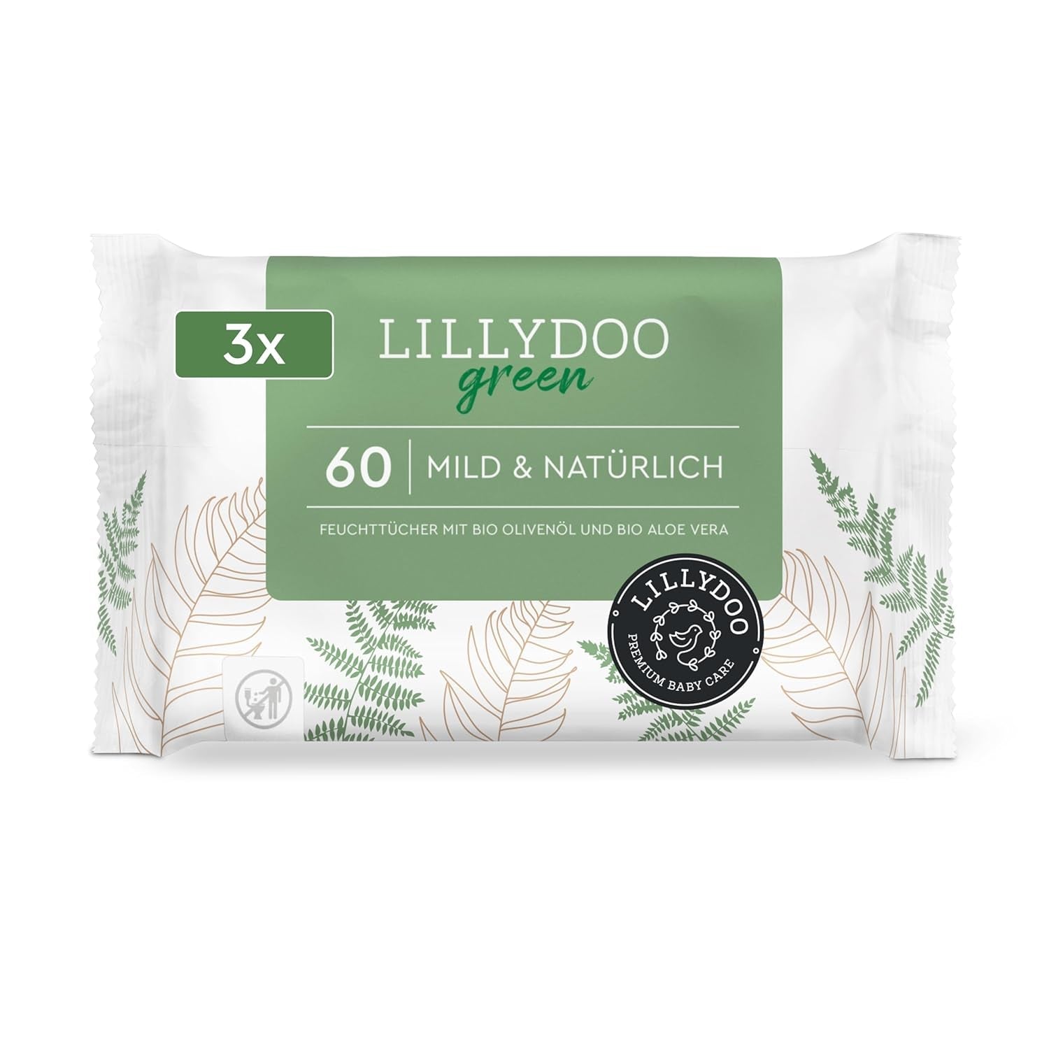 LILLYDOO Gröna våtservetter, 600 antal (10 x 60), 100 % plastfri tårbeständig våtservett - Doftfri, skonsam och naturlig, skonsam rengöring för känslig hud, dermatologiskt testad