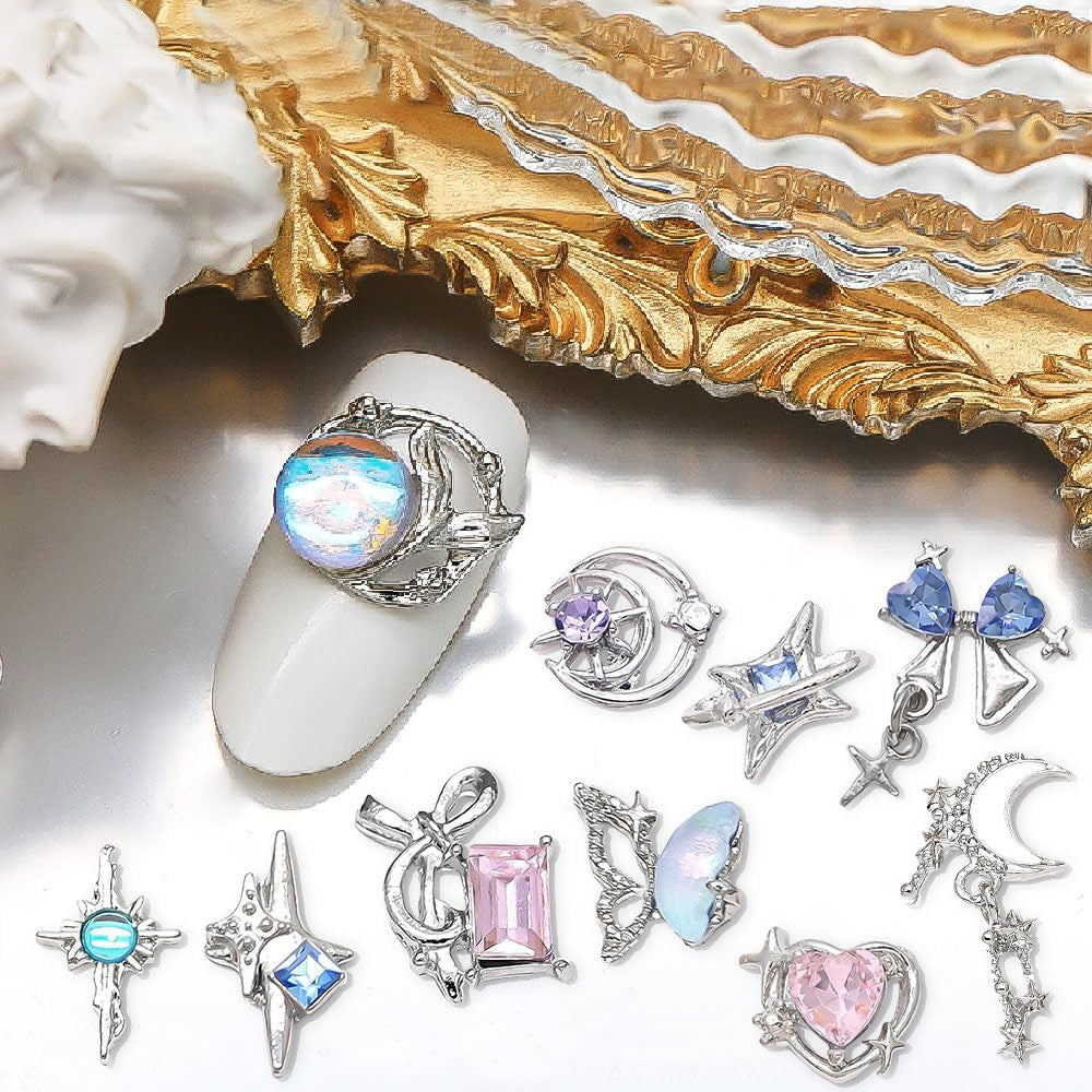 16 Stile Luxus Mond Stern Nagel Charms 3D Nail Charms Y2K Legierung Strasssteine ​​​​Bogen Schmetterling Nagel Schmuck Metall Nail Art Charms Nägel Glitzersteine ​​Nailart Rhinestones Nageldesign Zubehör