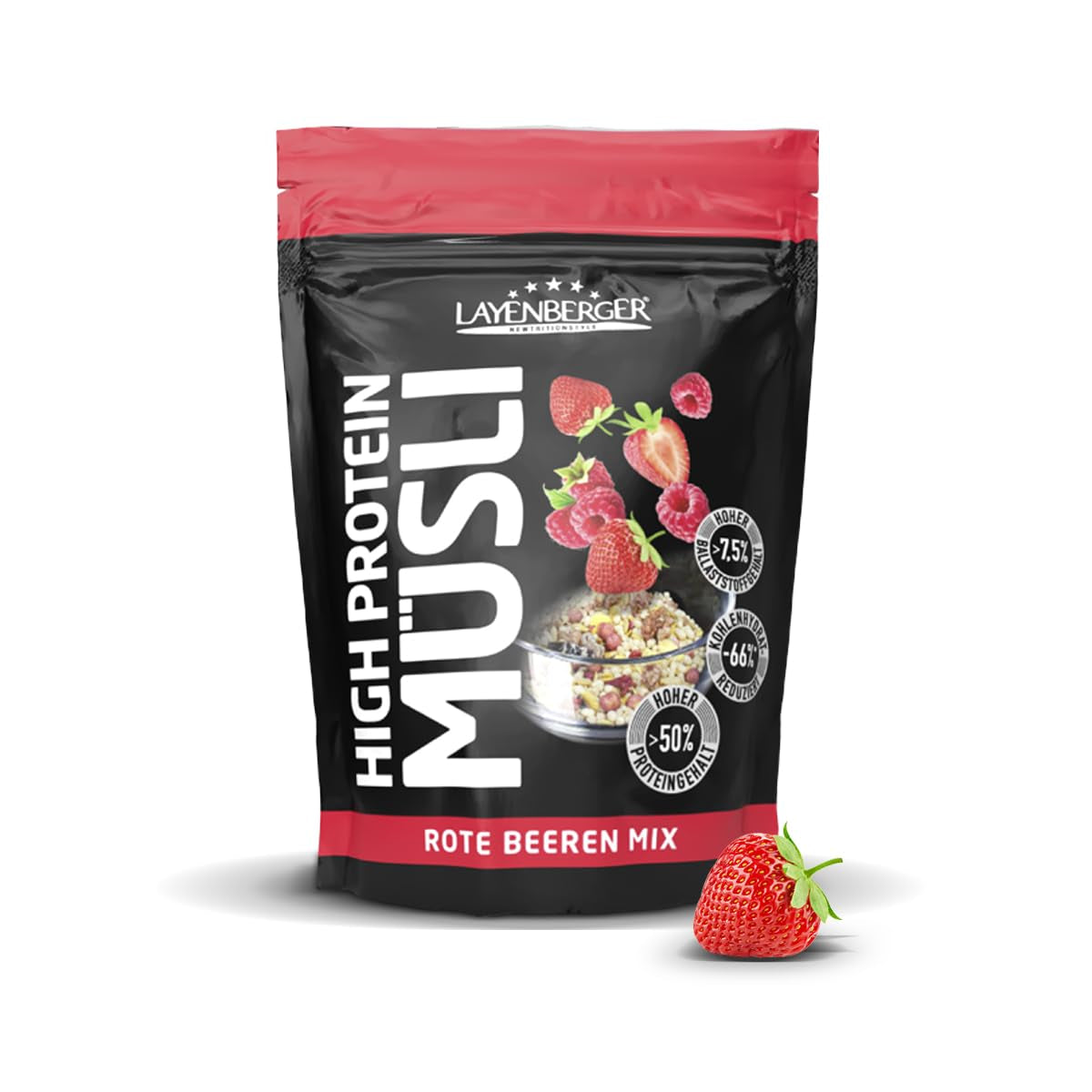 Layenberger 3K högproteinmüsli, 50% Eiweiß och 18% Kohlenhydrat - Enkelpack (1X 390 G) - Schoko-Nuss Cereale Naty Shop 360 G (1Er Pack) Rote Beeren Mix