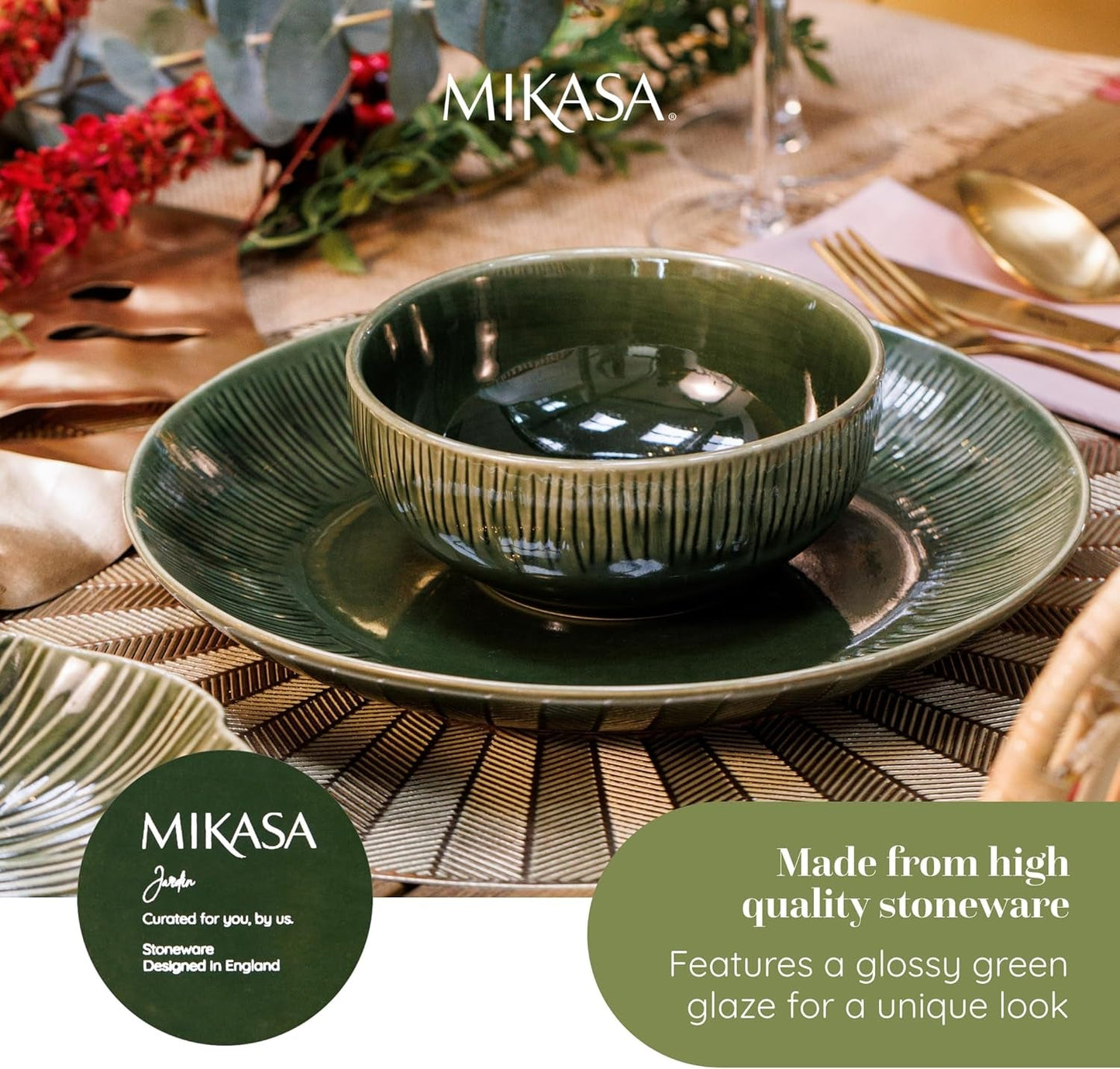 Mikasa Jardin 12-delat servisset, 4-personers servisset i stengods med tallrikar, sidotallrikar och skålar, grönt - presentförpackning och diskmaskinssäker