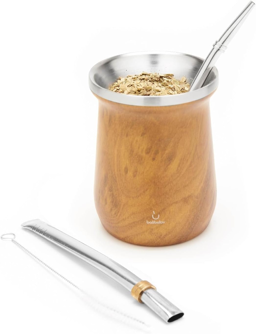 Yerba Mate balibetov teservis (Mate kopp) tillverkad av rostfritt stål med bombilla (halm) för mate, Lätt att rengöra och mycket hållbart Yerba Mate set (WOOD)