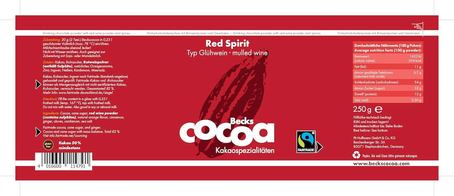 Red Spirit, fin kakao smaksatt med rött vin, 250 gram kakao och varm choklad Naty Shop