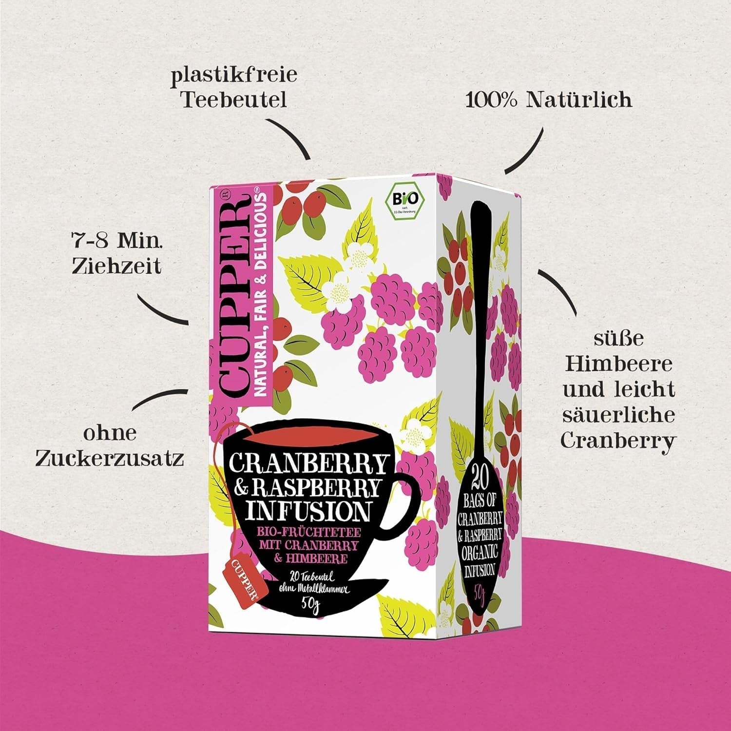 4Er Pack CUPPER Ekologiskt fruktte "Cranberry & Raspberry Infusion", 4X20 icke-vita tepåsar, ekologiskt, rättvis handel