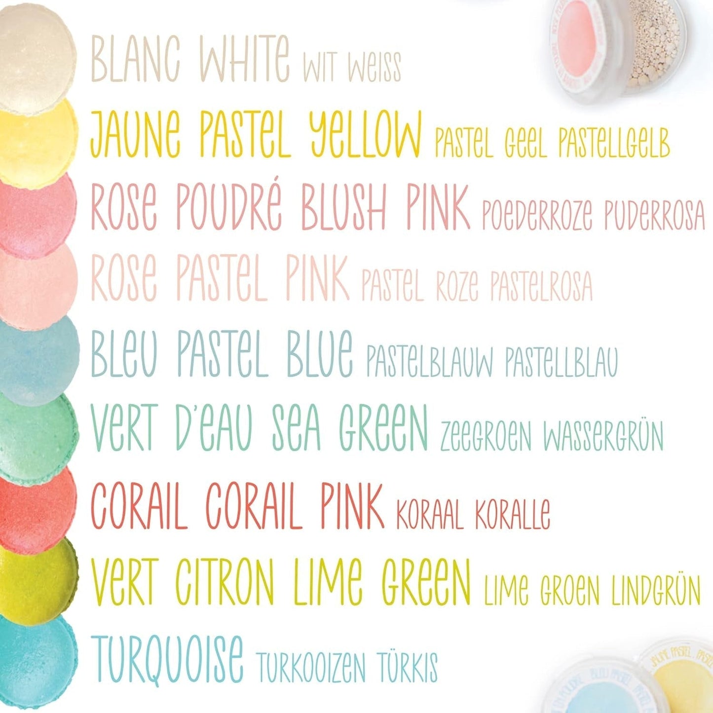 Scrapcooking - Set med 9 pastellfärger - blå, gul, korall, rosa, turkos, limegrön, vit, vattengrön, pulverrosa - Ätbart färgpulver för kakor, muffins, macarons - 4272