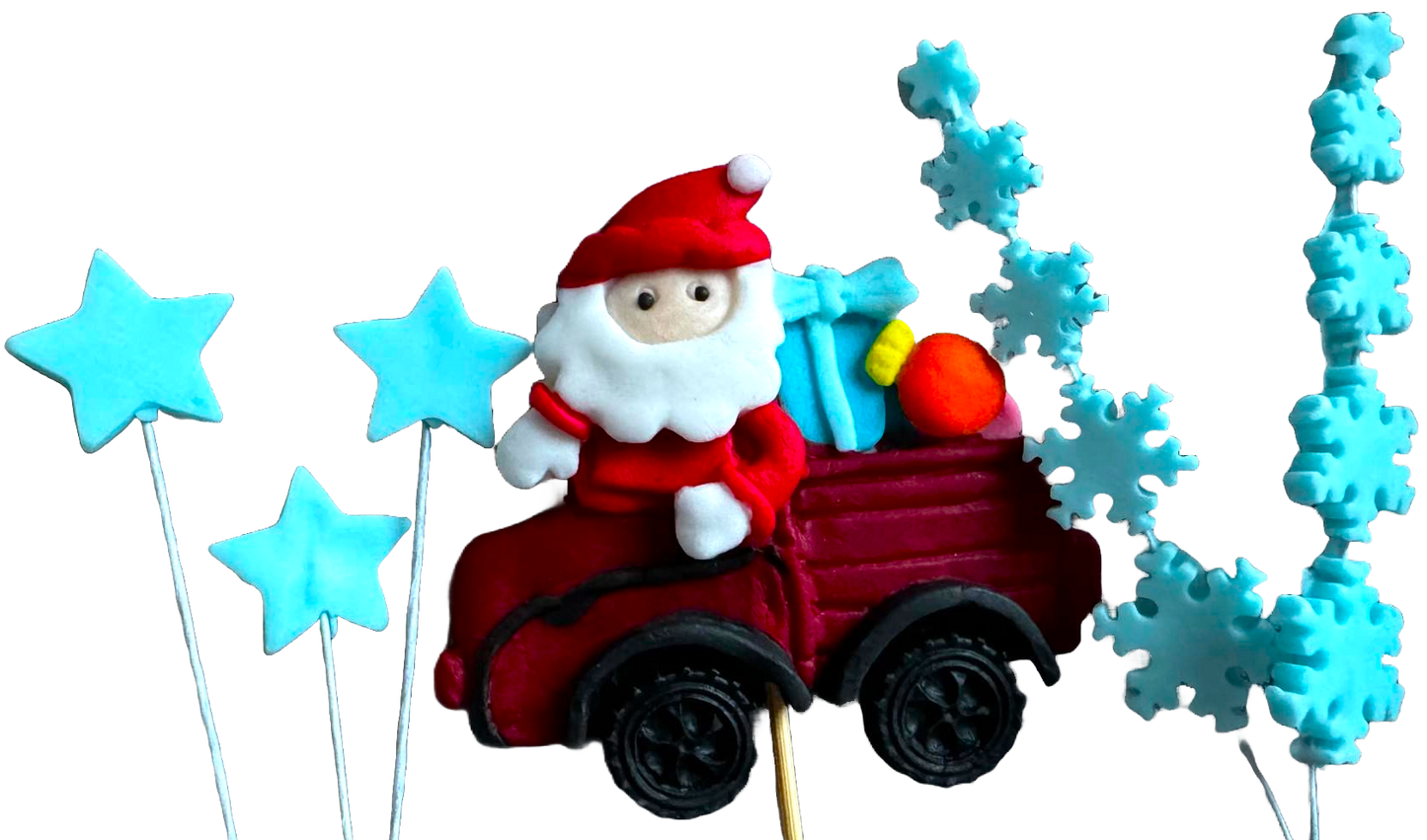 Set med 6 ätbara dekorationer från sugarpaste, jul, tomtebil, stjärnor och snöflingor Dekorationer från Sugar Paste Naty Shop