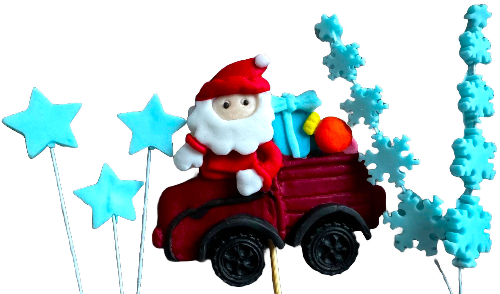 Set med 6 ätbara dekorationer från sugarpaste, jul, tomtebil, stjärnor och snöflingor Dekorationer från Sugar Paste Naty Shop