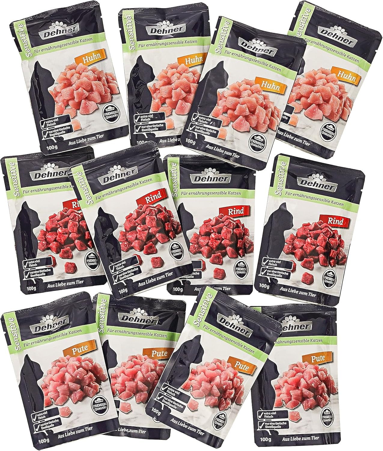 Dehner Premium Katzenfutter Sensitive Multipack, Nassfutter, för ernährungssensible Katzen, je 4 x Huhn / Rind / Pute, 12 x 100 g påse (1,2 kg)