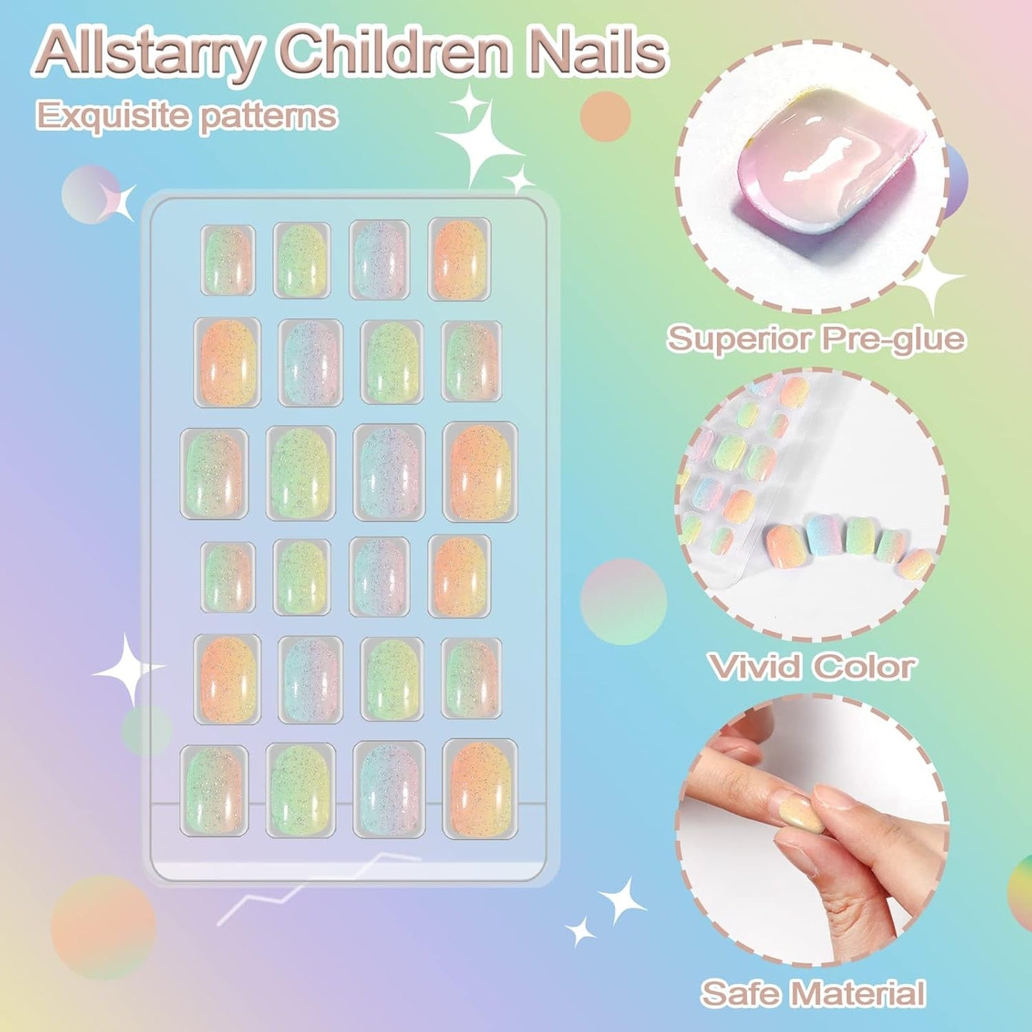 72st förlimmade barnnaglar heltäckande glitter färg gradient rosett Korta konstgjorda naglar Bra present till barn flickor nagelkonst - regnbågsglitter