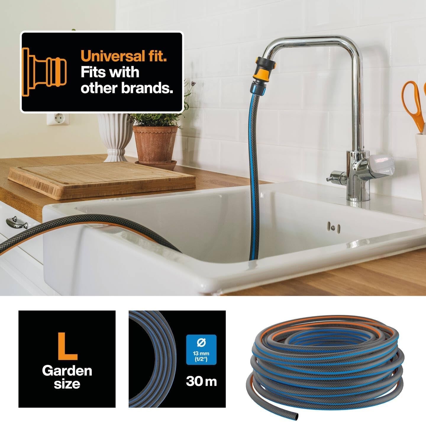 Fiskars L vattenslang, UV-skydd, trycktestad, vridstyvhetsnivå 4 (av 5), 30 m, Ø 1,3 cm (1/2"), 4,2 kg, svart/orange/blå, 1027105