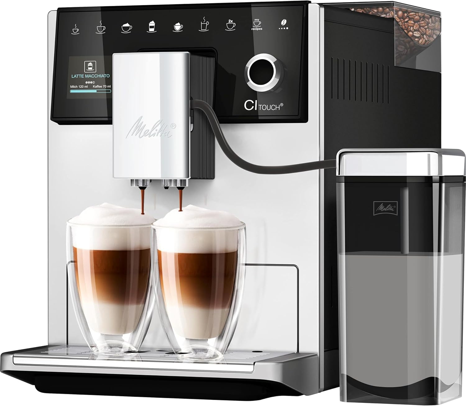 Melitta CI Touch - Helautomatisk espressomaskin med mjölksystem, espressomaskin med integrerad kaffekvarn och mjölkskummare, t.ex. för espresso eller cappuccino, silver