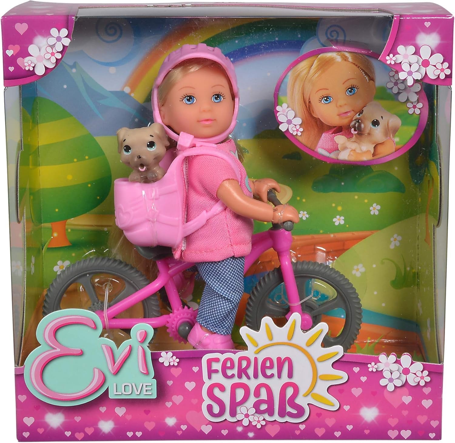 Simba 105733273 - Evi Love Fun Holiday Bike Doll med cykel, hund och ryggsäck, modedocka, 12 cm, för barn från 3 år och uppåt