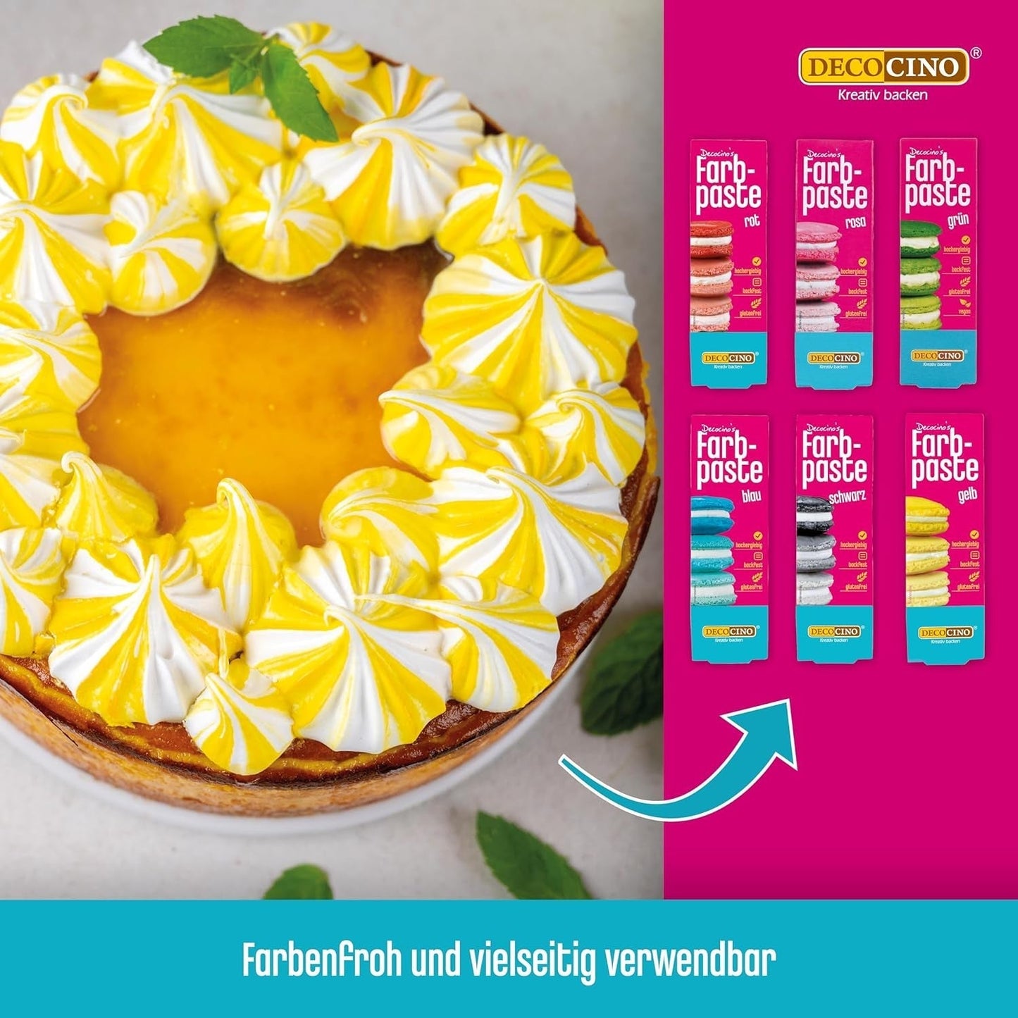 Set med 6 Decocino färgpastor - 6 x 20 g - Livsmedelsfärg i rött, rosa, grönt, gult, blått och svart, perfekt för att färga tårtor, fondant och krämer - Azofri och glutenfri