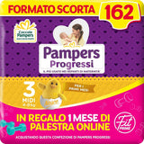 Pampers Progressi & Fit Prime Midi-blöjor, kortformat, 162 blöjor, storlek 3 (4-9 kg), onlinemedlemskap på gymmet i 1 månad som gåva