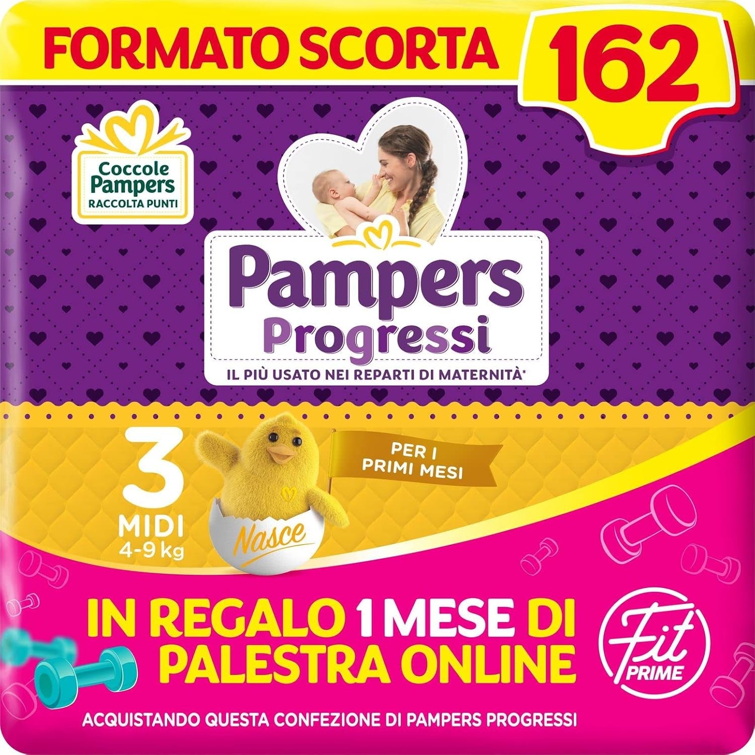 Pampers Progressi & Fit Prime Midi-blöjor, kortformat, 162 blöjor, storlek 3 (4-9 kg), onlinemedlemskap på gymmet i 1 månad som gåva