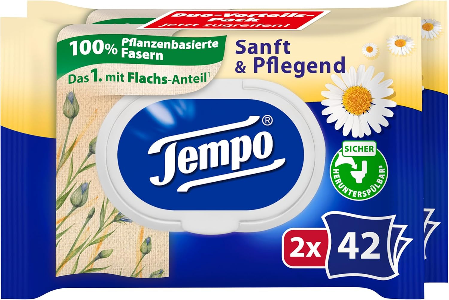 Tempo "Gentle & Caring" toalettservetter - Megapack - 16 paket med 42 våtservetter - Duo Pack - med naturlig kamomill - toalettpapper, dermatologiskt testad och neutral mot hudens Ph