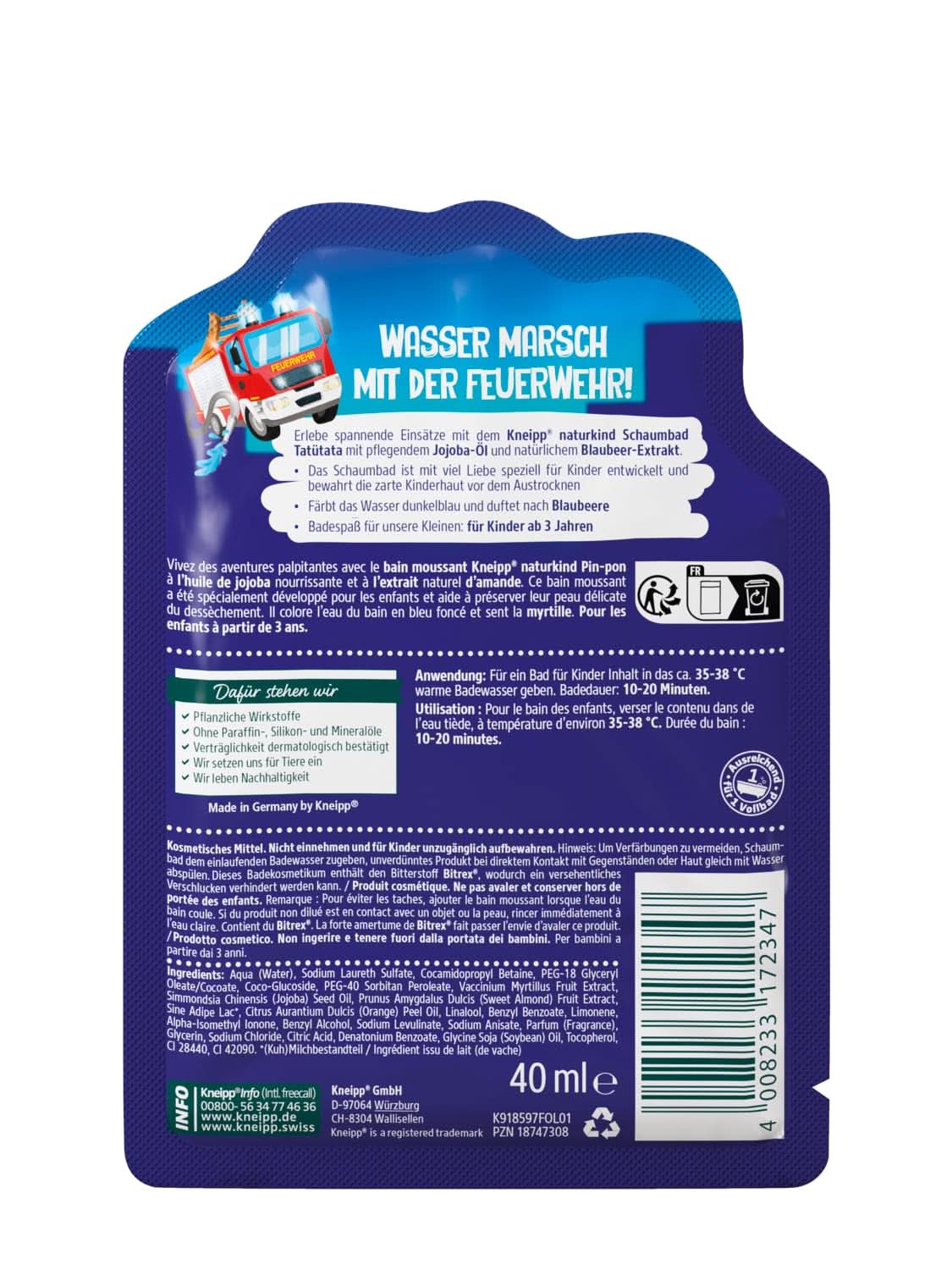 Kneipp Naturkind, badtillsats med närande jojobaolja och naturligt blåbärsextrakt, fruktig blåbärssmak, blått vatten, 40 ml Dusch och bad Naty Shop