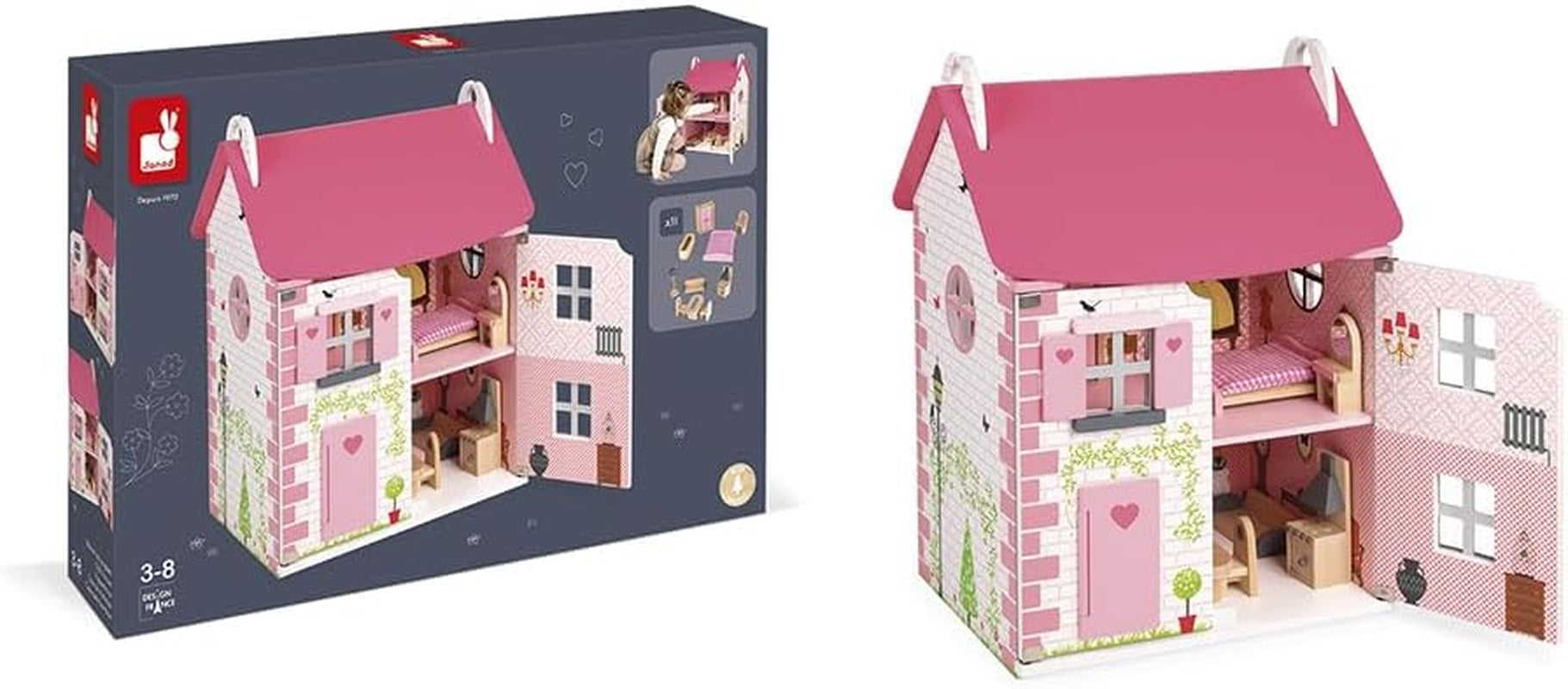 Janod - Mademoiselle Wooden Dollhouse, 3 våningar och 11 tillbehör, replikleksak, utvecklar fantasin, åldrar 3+, J06581, Pink Naty Shop Dollhouses