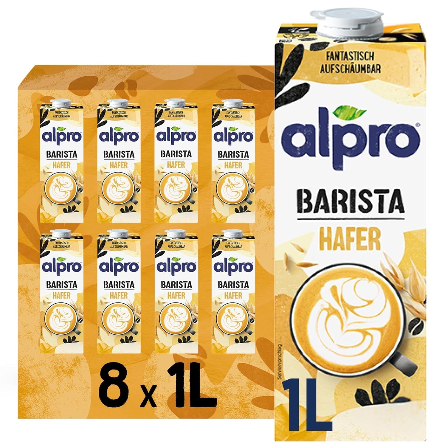 Alpro Barista Haferdrink – Zum Aufschäumen – Vegan und milchfrei – Von Natur aus lactosfrei – Rich an Ballaststoffen, Calcium und Vitaminen – 8 x 1 L – Haltbar