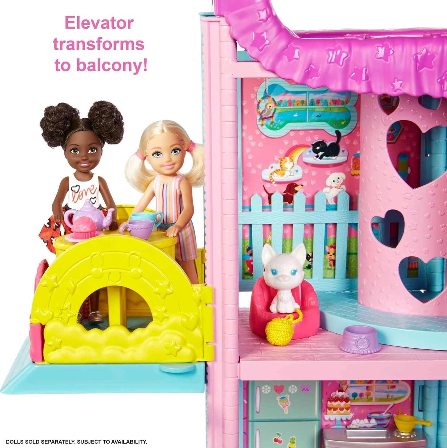 Barbie Chelsea Playhouse - 3 transformerande våningar, hemliga lekområden, hiss, pool, rutschkana, 2 husdjur och 20+ tillbehör, för åldrarna 3+, HHX44