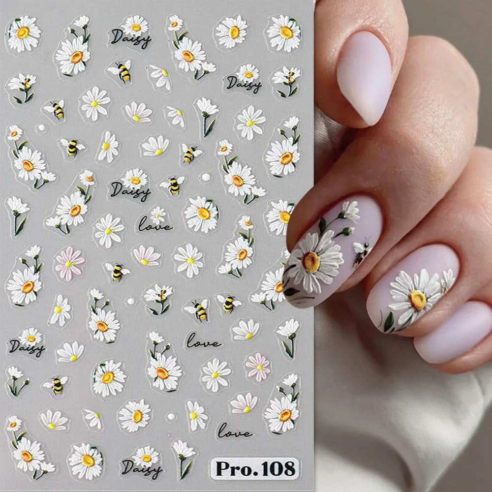 5st Geprägte Gänseblümchen Nagelsticker Selbstklebend Blumen Nagelaufkleber Gänseblümchen Schmetterling Nagel Sticker Nageldesign Aufkleber Nägel Zubehör Blume Nail Sticker Flower Nail Art Stickers