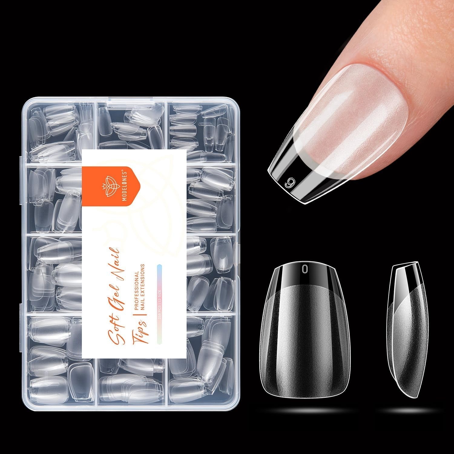 Modelones Nail Tips 216 bitar - Heltäckande Nail Tips Set, Soft Gel Tips Set, Pre-Polishing PMMA Resin Nail Tips, DIY Lime On Nail Art konstgjorda naglar, korta mandlar XS