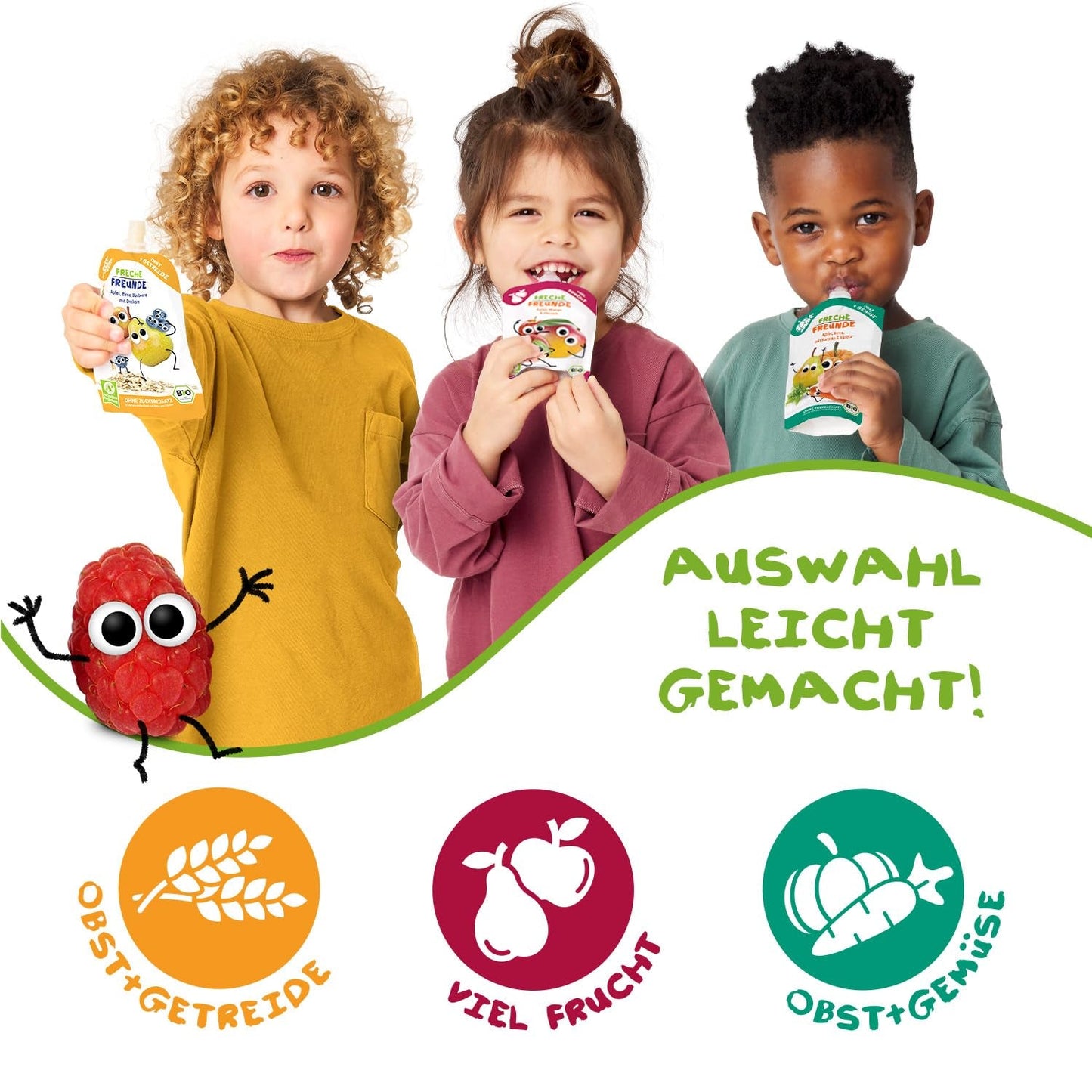 FRECHE FREUNDE Persika Äppel Banan Havre Ekologisk fruktpuré med spannmål i en klämbar påse för bebisar 6 månader+ Vegansk 6-pack (6 x 100 g)