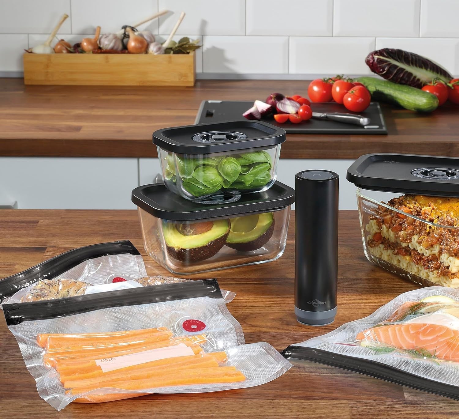 Vakuumsats Küchenprofi EASYFRESH | Set med 7 delar | 1x elektrisk vakuumpump, 1x vakuumburk S, M och L, 3x vakuumpåsar 22x21 cm | borosilikatglas, högkvalitativ plast | beredning och förvaring Matförvaringslådor Naty Shop