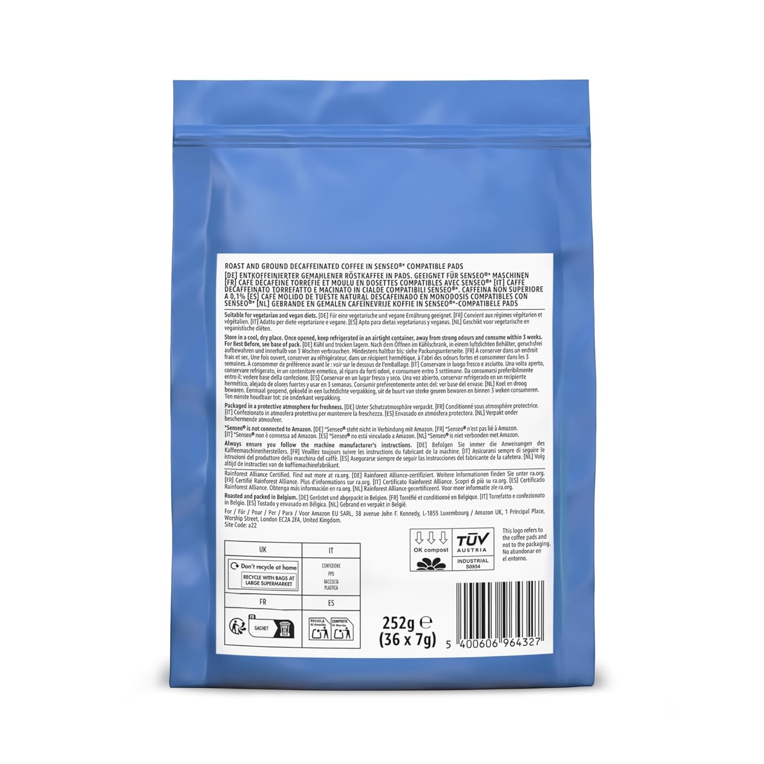 av Amazon Entkoffeinierte 100% Arabica-Kaffeepads, geeignet für Senseo-Maschinen, medium Röstung, 36 Stück (1 Packung mit 36 ​​​​Stück) – Rainforest Alliance-zertifiziert