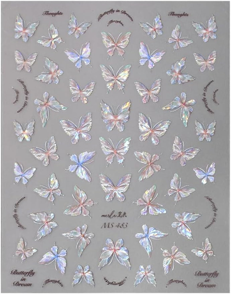 Glänzend Aurora Shell Schmetterling Nagelsticker Selbstklebend,Erleichterung Schmetterlinge Nail Sticker Rosa Laser Schmetterling Nagelaufkleber Für Frauen Nageldesign Zubehör Nagel Zubehör Nail Art