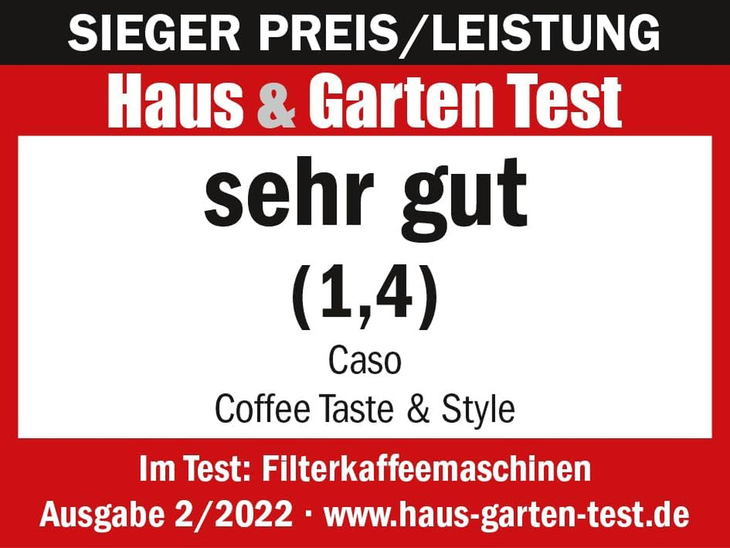 CASO Coffee Taste and Style espressomaskin med permanent filter, 1,5 l, optimal bryggtemperatur 92-96 °C, anti-droppsystem, optimerat brygghuvud, rostfritt stål, 12 koppar
