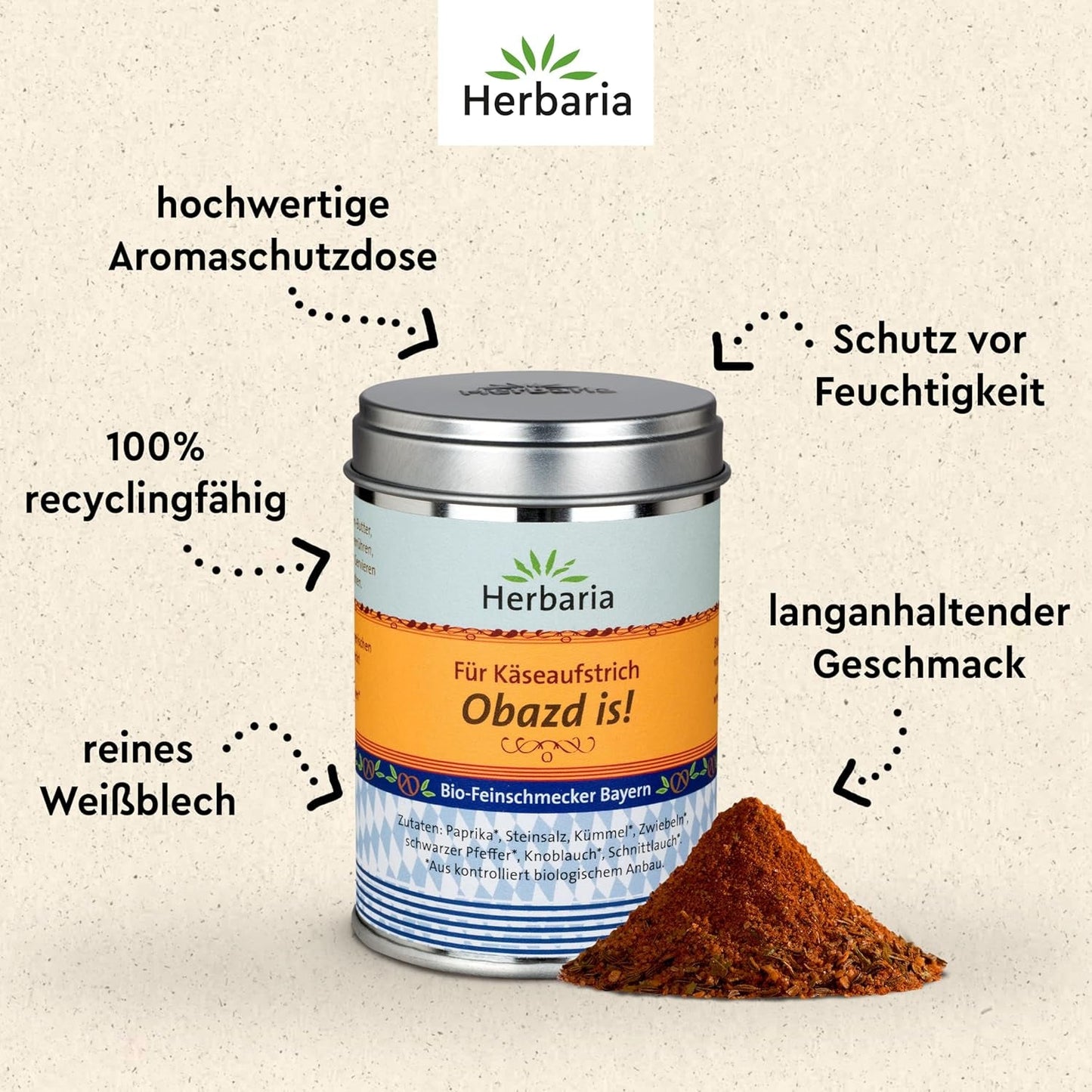 Herbaria Obazd är! bio 90g M-Dose – Bio-Gewürzmischung bayerischen Biergartenklassiker Obazda – för Brotaufstriche, Käsegerichte, Käsefondue – Raclette Gewürz - i nachhaltiger Aromaschutz-Dose