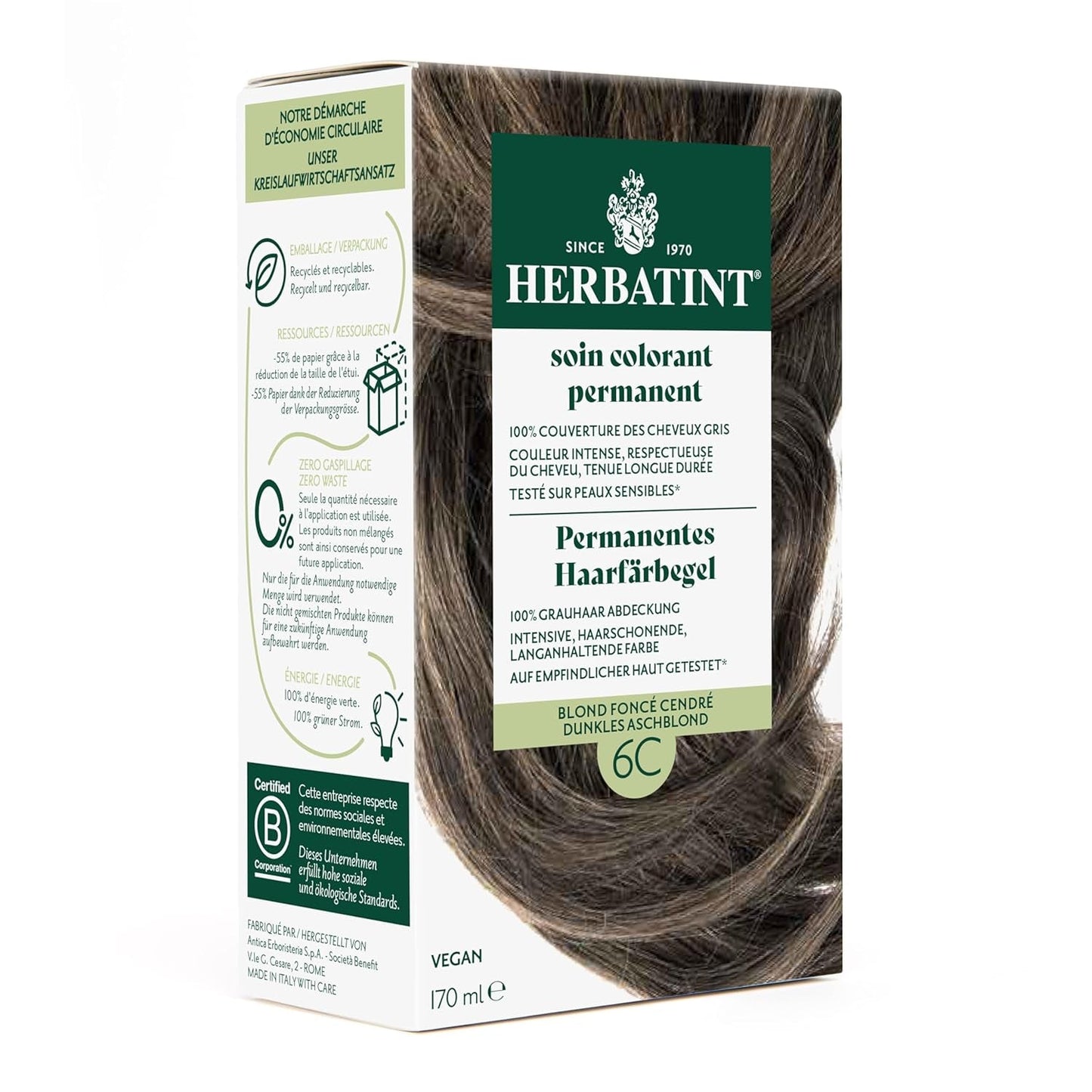 Permanent hårfärgsgel 6N mörkblond - 170 ml I ammoniakfri, 100 % grå hårtäckning Jag testade på känslig hud, med 8 växtextrakt Naty Shop Hårfärgning 6C mörkgråblond