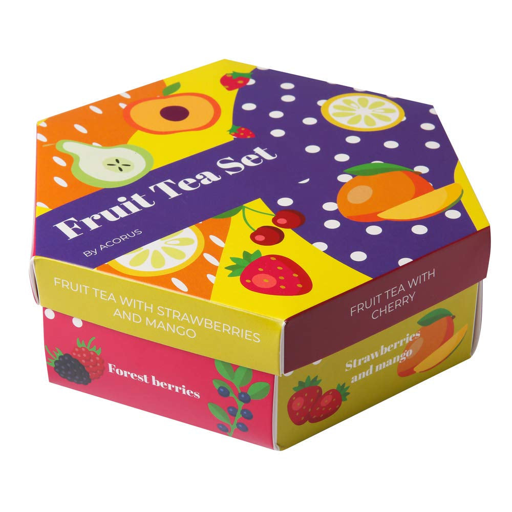 ACORUS | Lyxig fruktte-servis | Presentset med naturliga teer i 6 smaker | Örtteer, fruktteer | Sortiment av teer | Telåda med 60 tepåsar
