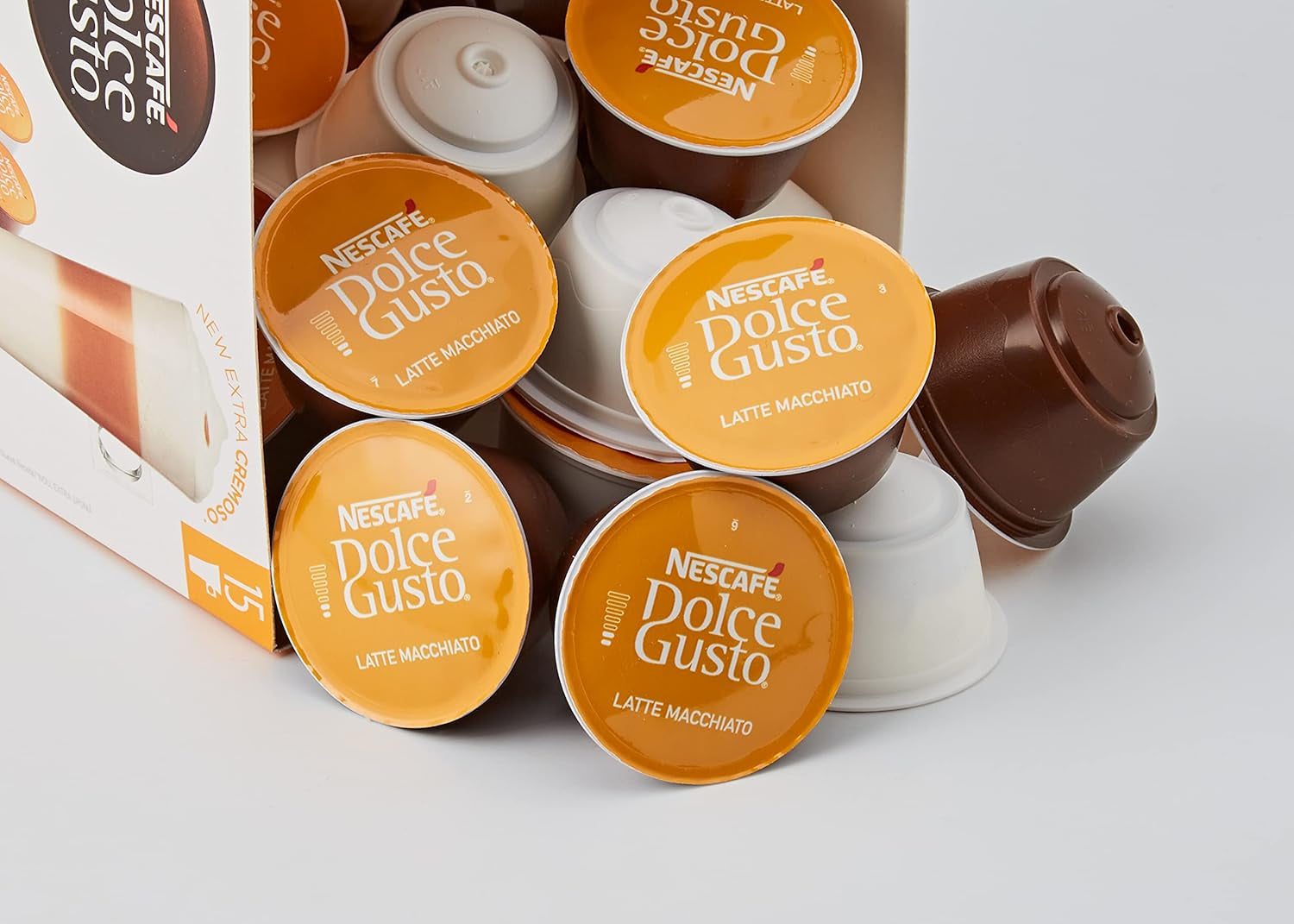 NESCAFÉ Dolce Gusto Latte Macchiato Vorratsbox 90 Kaffeekapseln (Aromatischer Espresso und Latte Macchiato Caramel