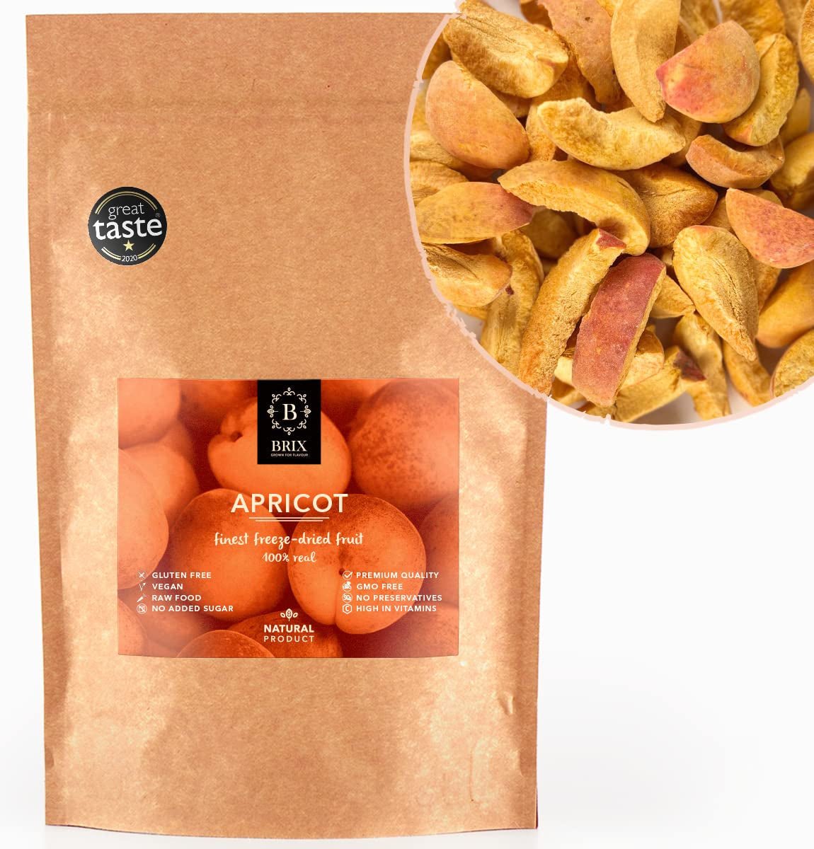 Frystorkade aprikoser BRIX | Naturliga, torkade aprikoser 85 g | Great Taste Award för torkad frukt, torkad | Icke-GMO, glutenfri, vegan, konserverade vitaminer Naty Shop Dehydrerade produkter Standardtitel